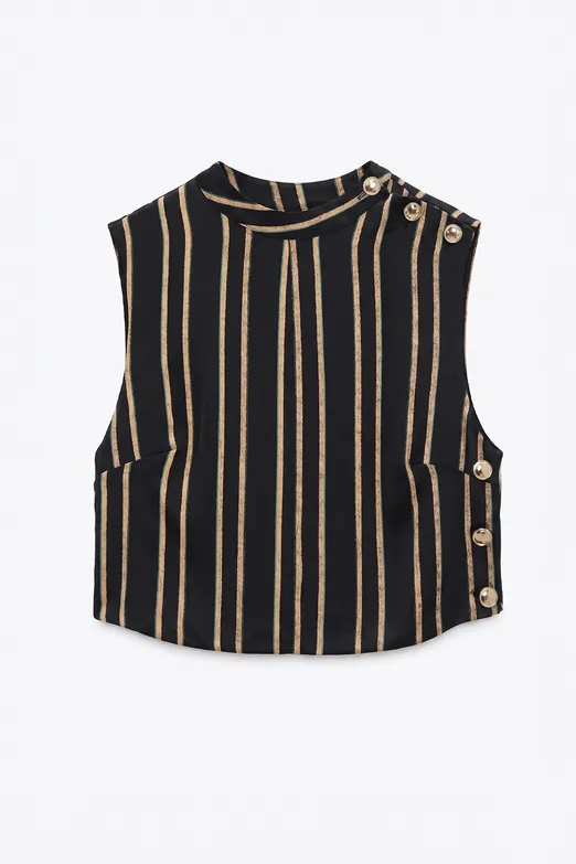Bayan Siyah Saten Çizgili Crop Top - BSL