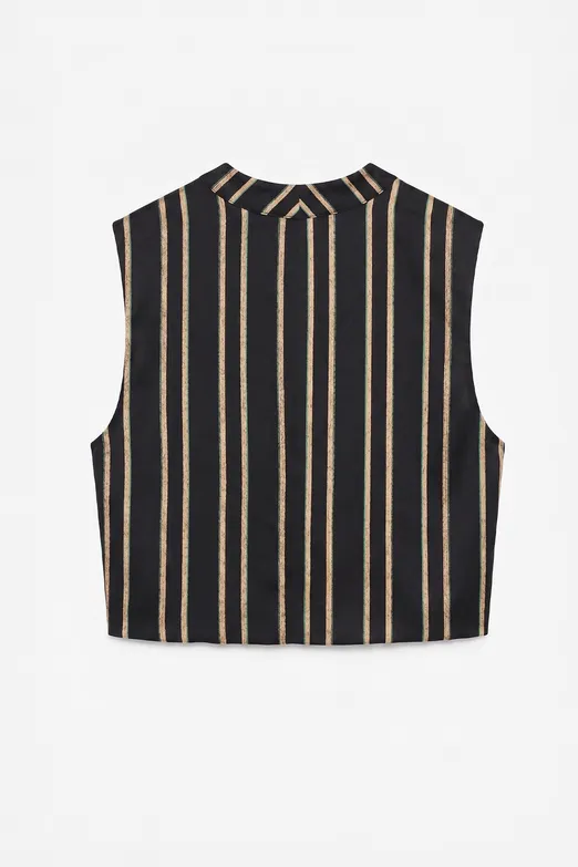 Bayan Siyah Saten Çizgili Crop Top - BSL