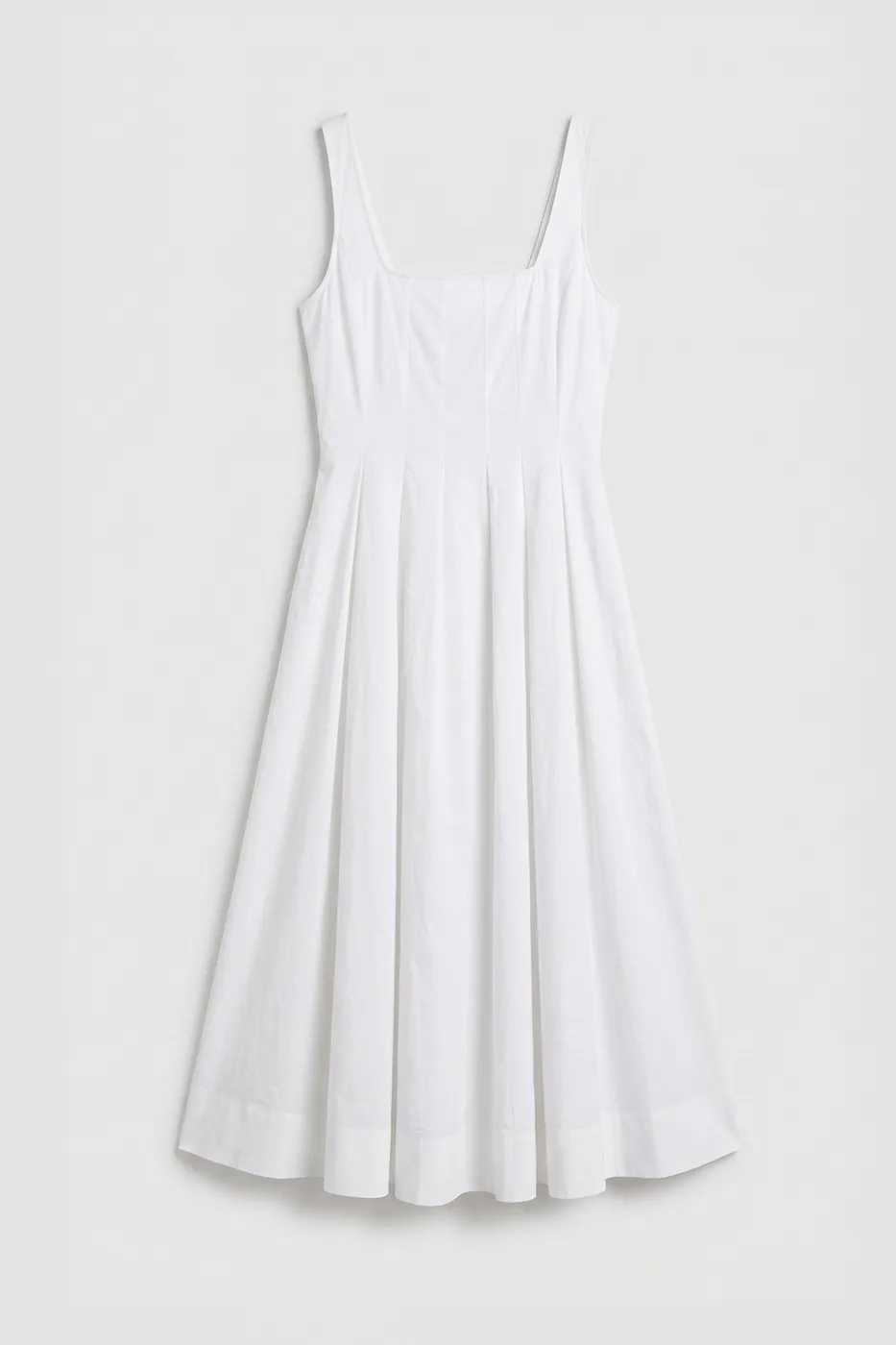 Bayan Beyaz Kare Yakalı Dikiş Detaylı Kloş Midi Elbise