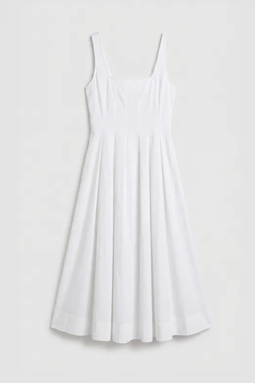 Bayan Beyaz Kare Yakalı Dikiş Detaylı Kloş Midi Elbise - BSL