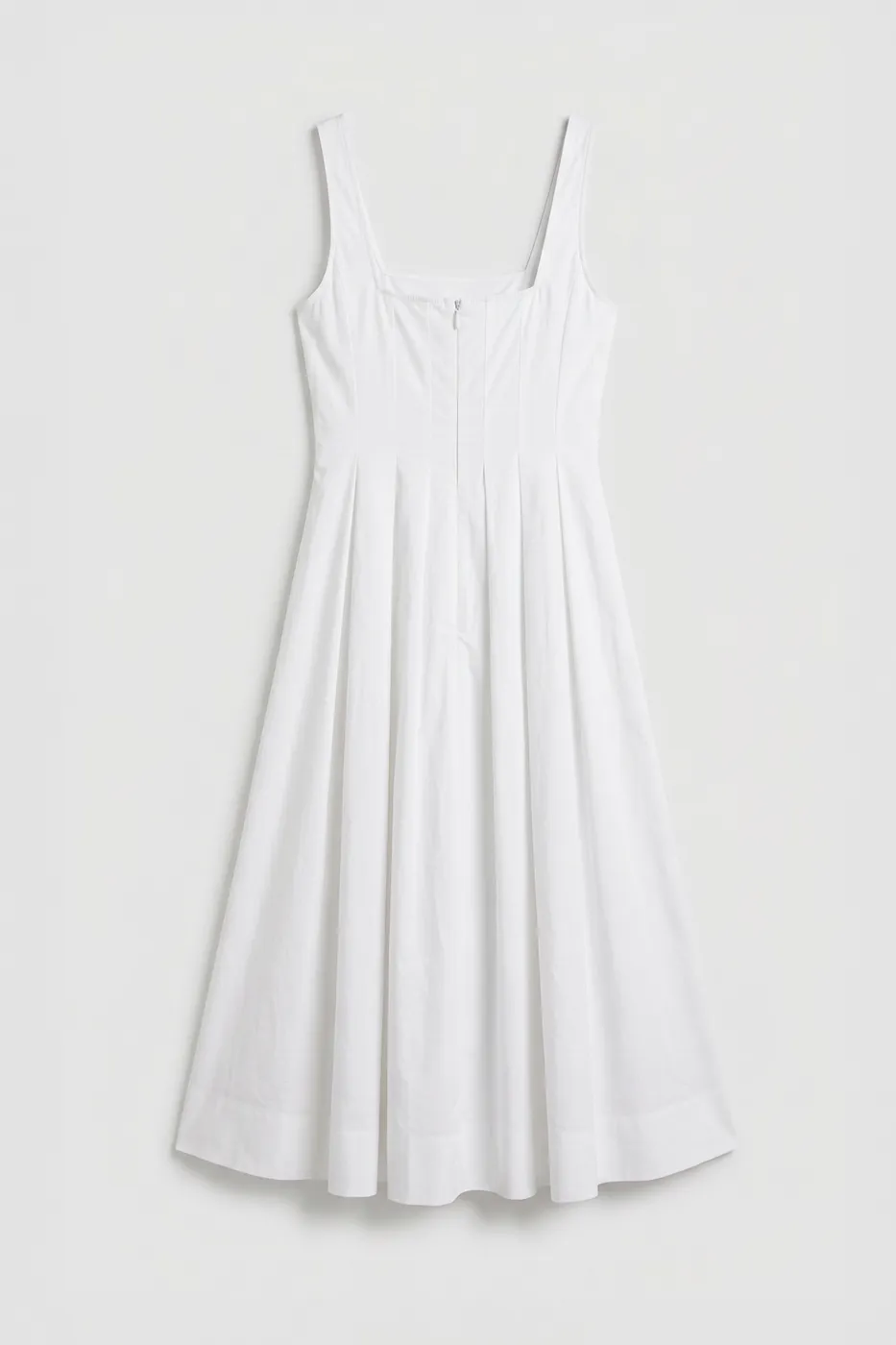 Bayan Beyaz Kare Yakalı Dikiş Detaylı Kloş Midi Elbise