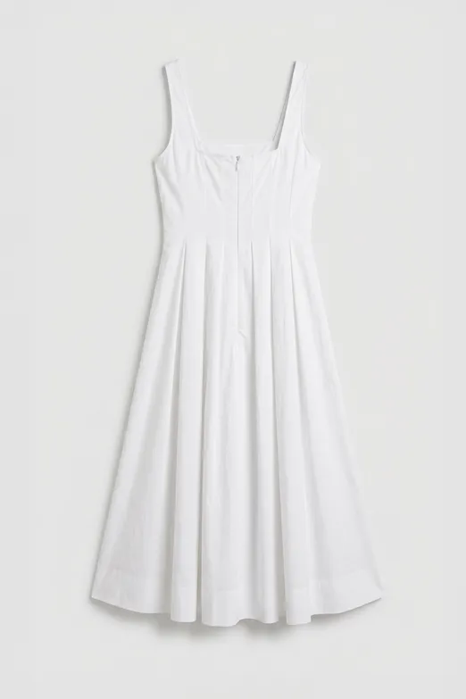 Bayan Beyaz Kare Yakalı Dikiş Detaylı Kloş Midi Elbise - BSL