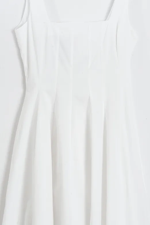 Bayan Beyaz Kare Yakalı Dikiş Detaylı Kloş Midi Elbise - BSL