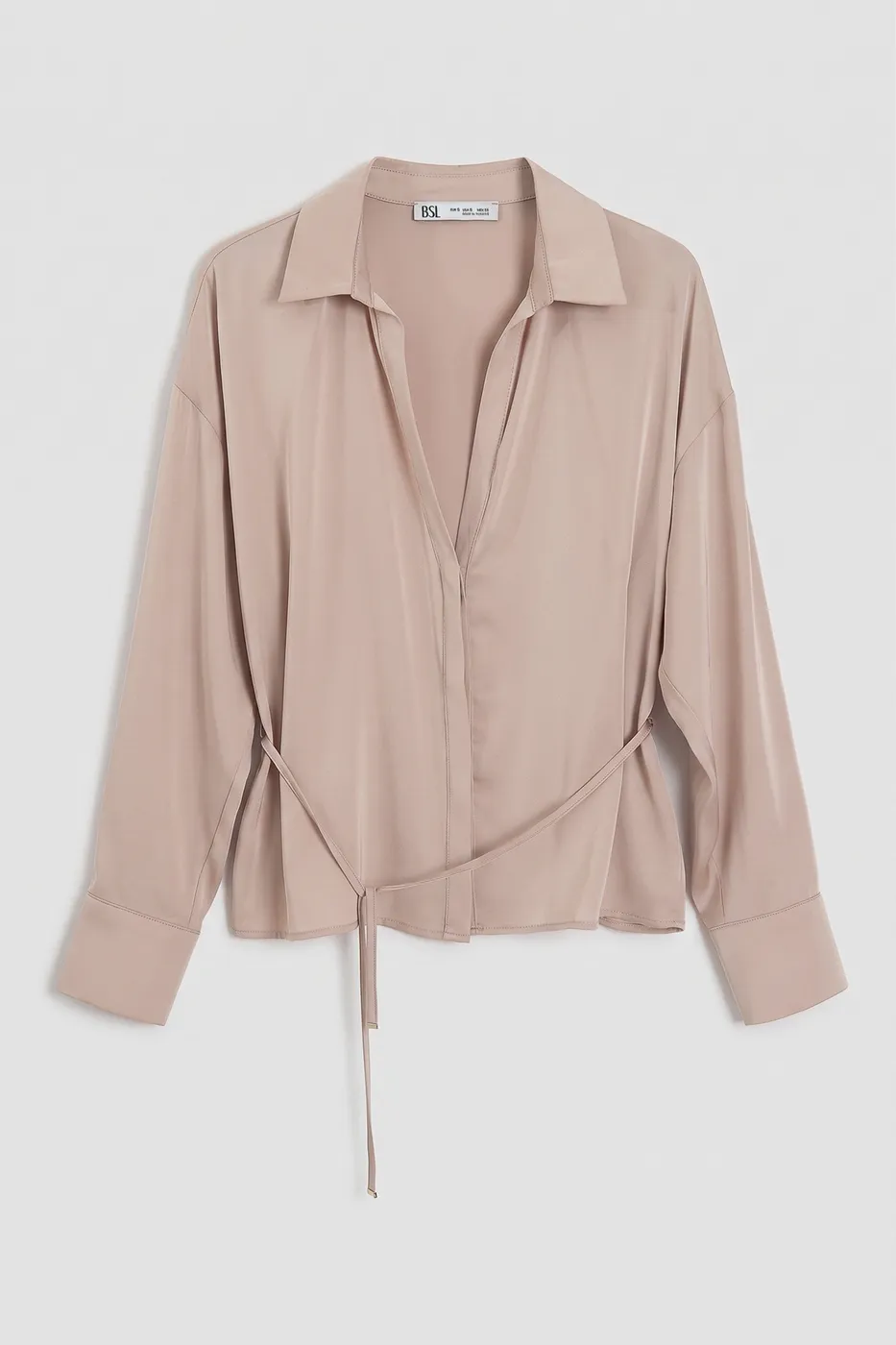 Bayan Bej İnce Kemerli Saten Bluz