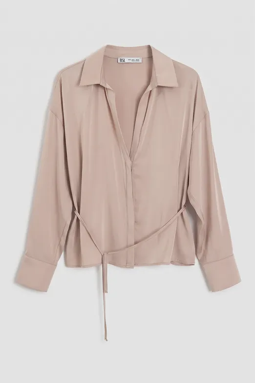 Bayan Bej İnce Kemerli Saten Bluz - BSL