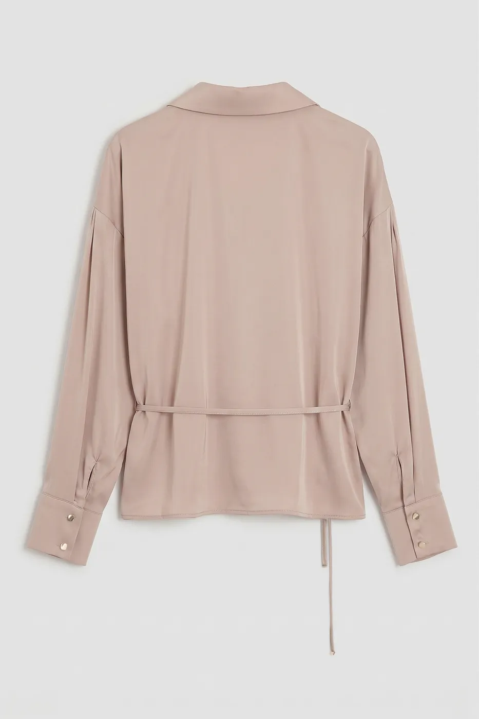 Bayan Bej İnce Kemerli Saten Bluz