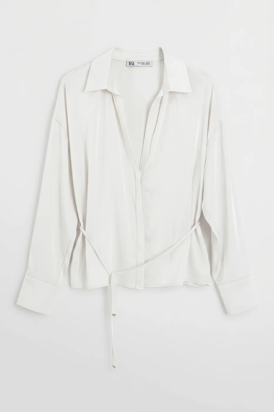 Bayan Beyaz İnce Kemerli Saten Bluz