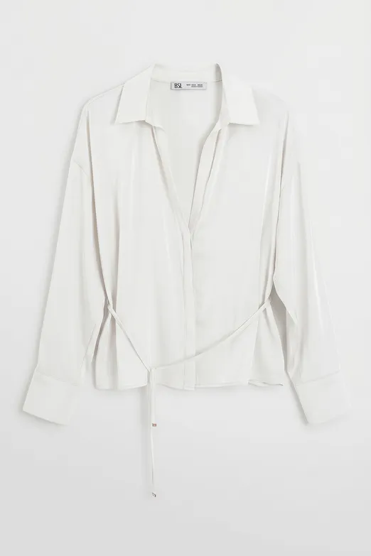 Bayan Beyaz İnce Kemerli Saten Bluz - BSL