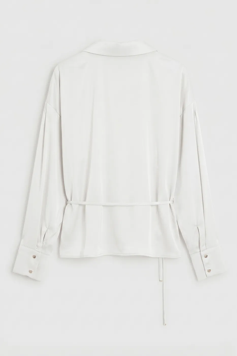 Bayan Beyaz İnce Kemerli Saten Bluz