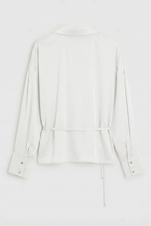 Bayan Beyaz İnce Kemerli Saten Bluz - BSL