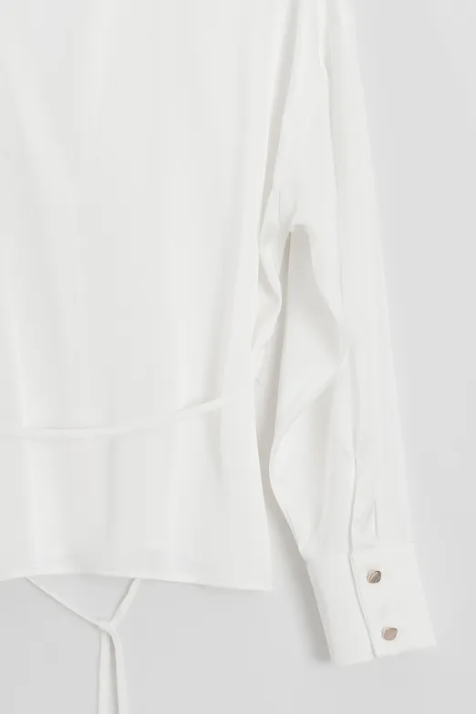 Bayan Beyaz İnce Kemerli Saten Bluz - BSL