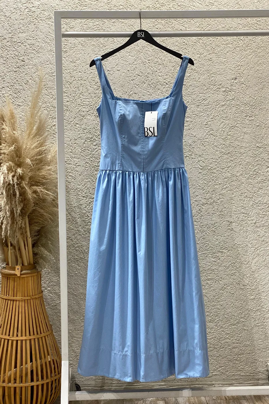 Bayan Mavi Askılı Cotton Midi Elbise