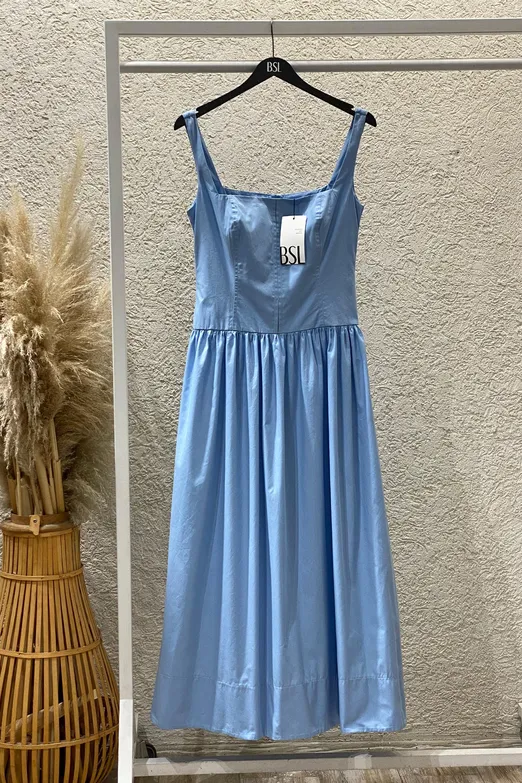 Bayan Mavi Askılı Cotton Midi Elbise - BSL