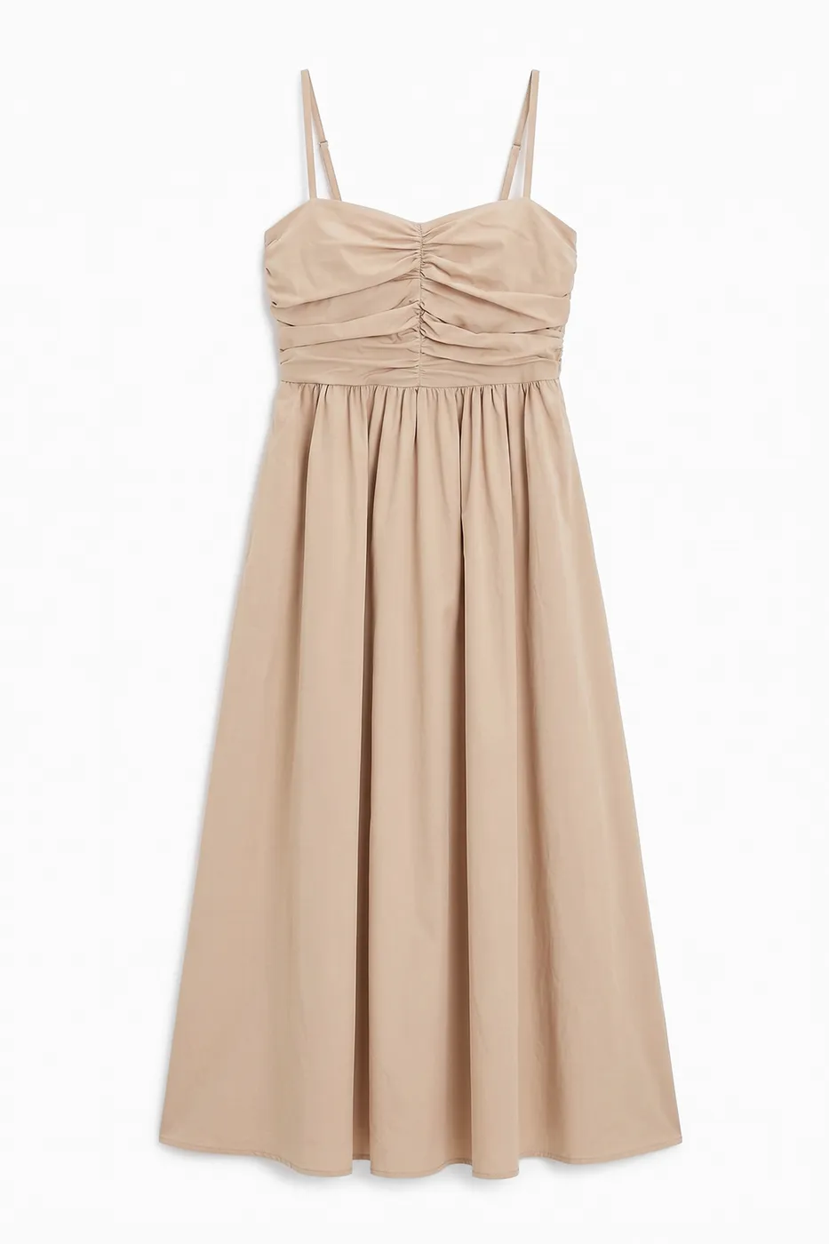 Bayan Bej Drapeli Askılı % 100 Cotton Midi Elbise