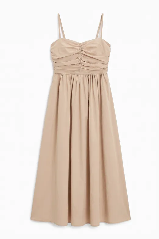 Bayan Bej Drapeli Askılı % 100 Cotton Midi Elbise - BSL