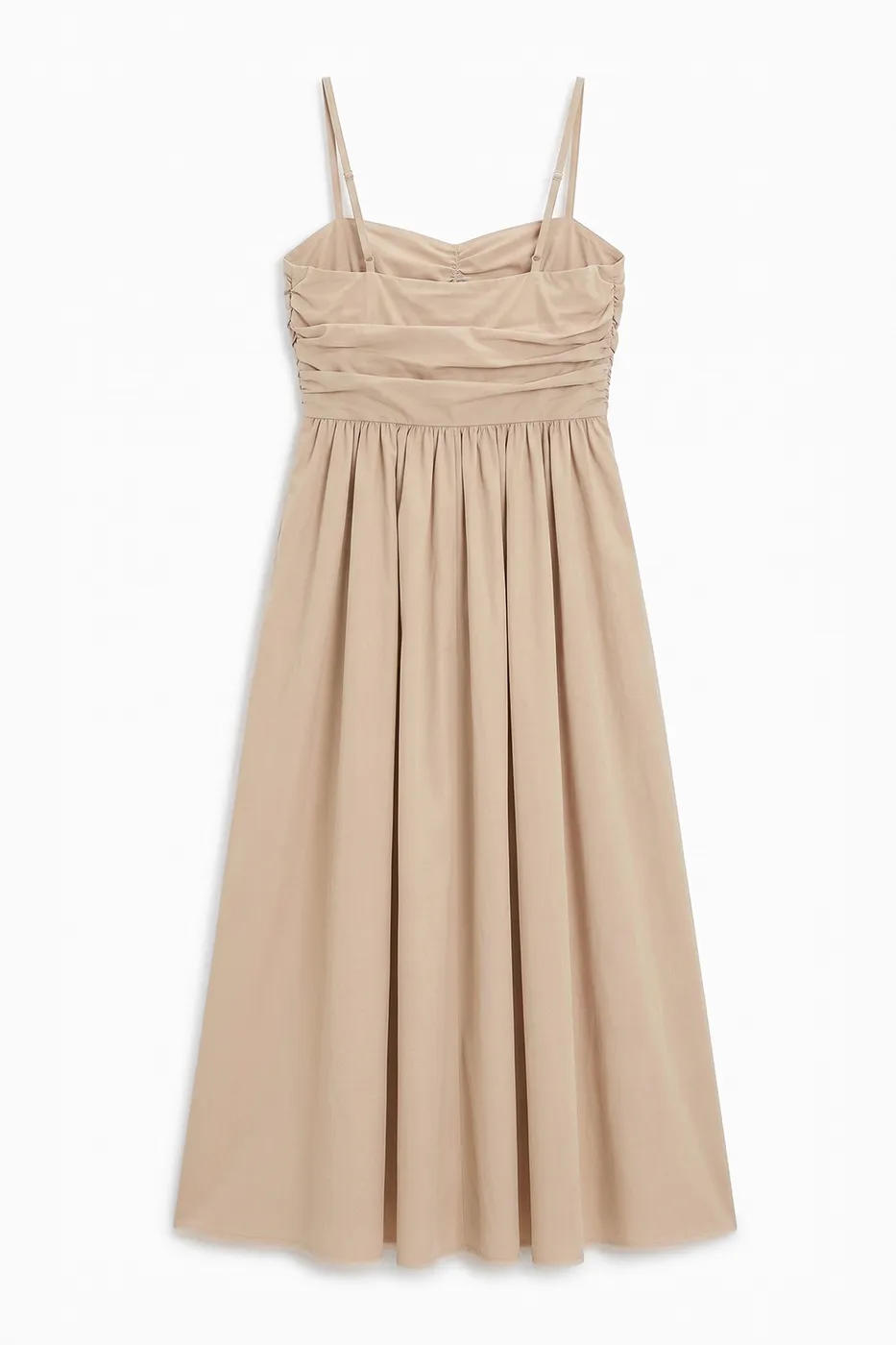 Bayan Bej Drapeli Askılı % 100 Cotton Midi Elbise