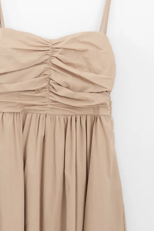 Bayan Bej Drapeli Askılı % 100 Cotton Midi Elbise - BSL