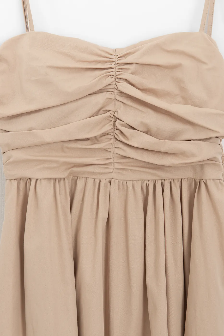 Bayan Bej Drapeli Askılı % 100 Cotton Midi Elbise