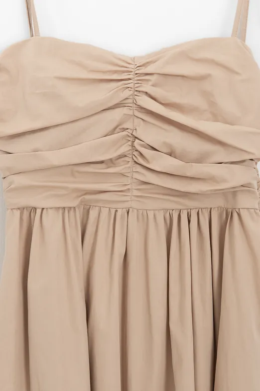 Bayan Bej Drapeli Askılı % 100 Cotton Midi Elbise - BSL