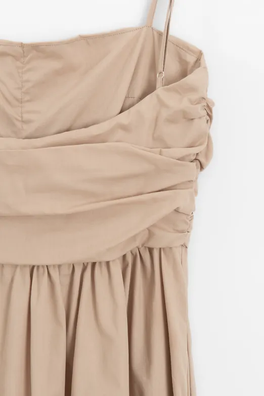 Bayan Bej Drapeli Askılı % 100 Cotton Midi Elbise - BSL