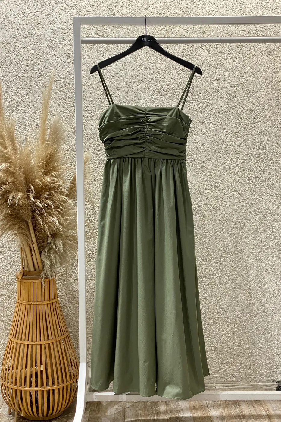 Bayan Haki Drapeli Askılı % 100 Cotton Midi Elbise