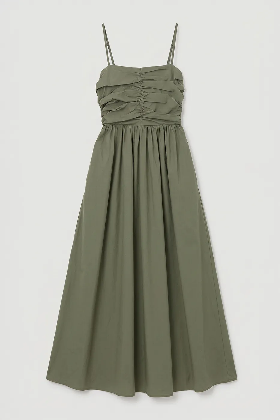 Bayan Haki Drapeli Askılı % 100 Cotton Midi Elbise