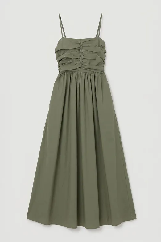 Bayan Haki Drapeli Askılı % 100 Cotton Midi Elbise - BSL