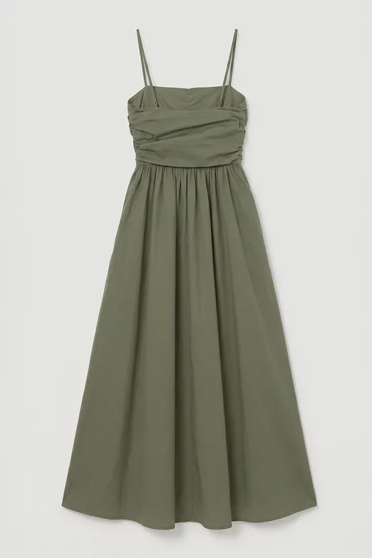 Bayan Haki Drapeli Askılı % 100 Cotton Midi Elbise - BSL
