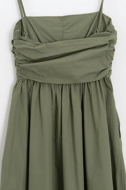 Bayan Haki Drapeli Askılı % 100 Cotton Midi Elbise - BSL