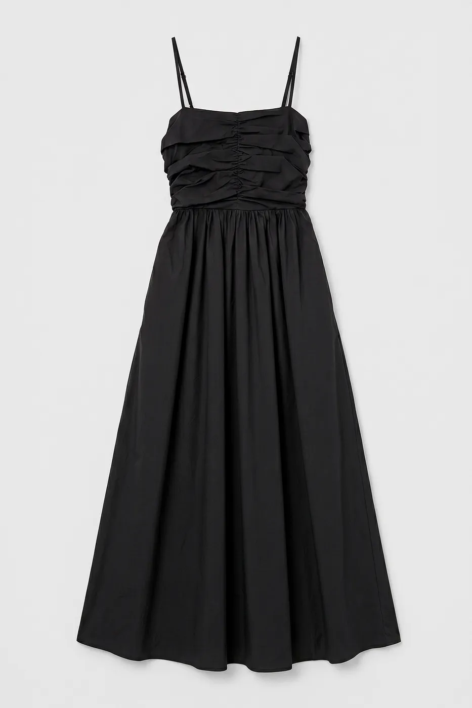 Bayan Siyah Drapeli Askılı % 100 Cotton Midi Elbise