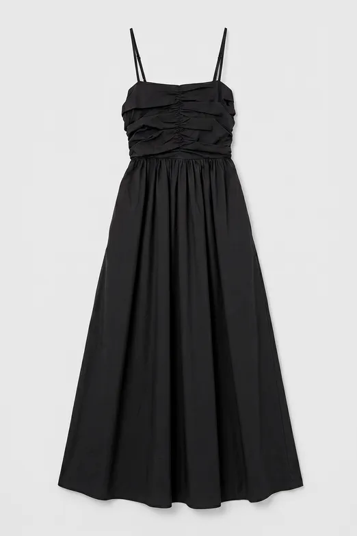 Bayan Siyah Drapeli Askılı % 100 Cotton Midi Elbise - BSL