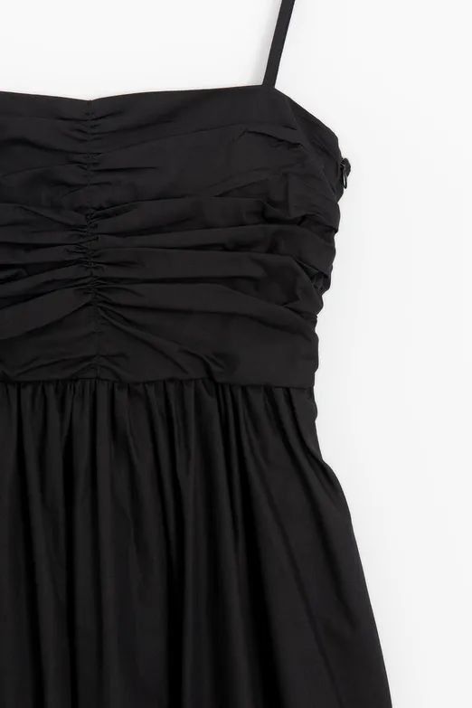 Bayan Siyah Drapeli Askılı % 100 Cotton Midi Elbise - BSL