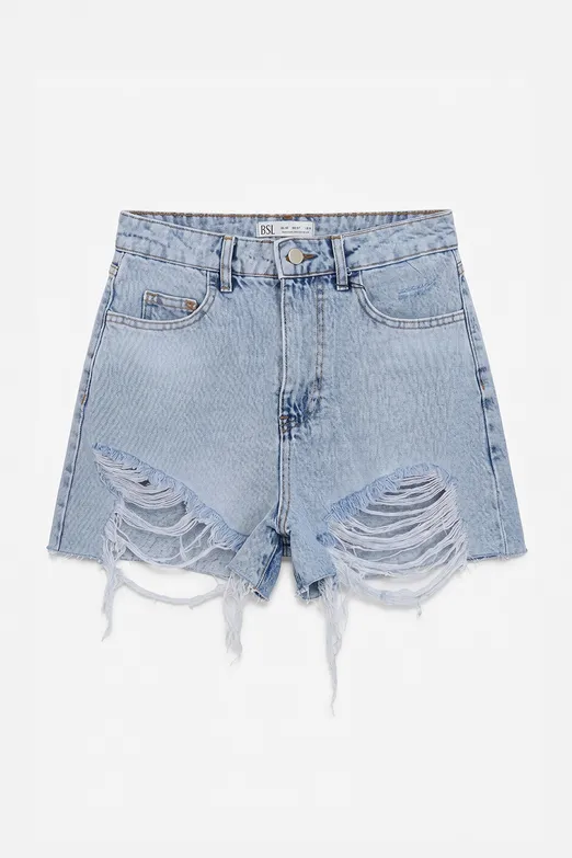 Bayan Mavi Yıpratmalı Mini Denim Şort - BSL