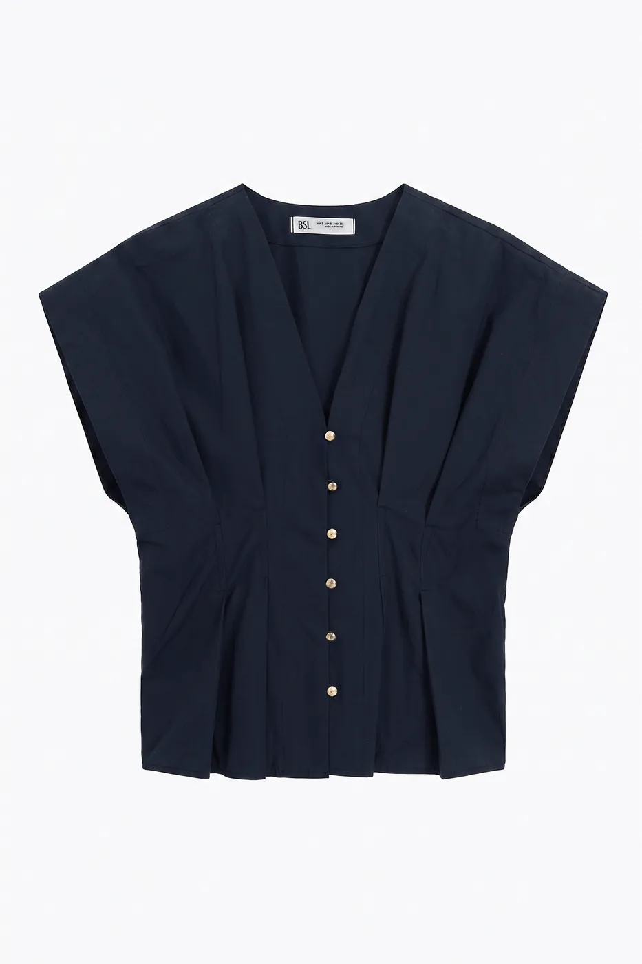Bayan Lacivert V Yakalı Düğmeli %100 Cotton Bluz