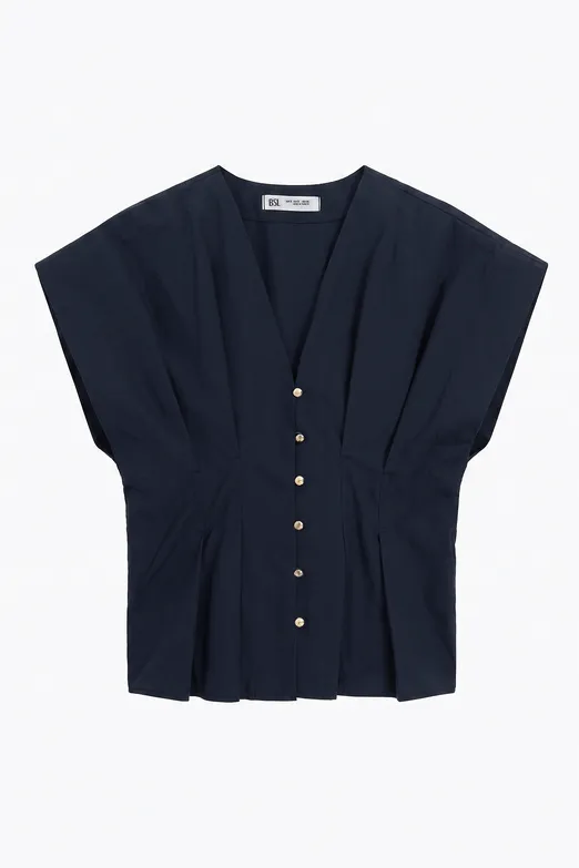 Bayan Lacivert V Yakalı Düğmeli %100 Cotton Bluz - BSL