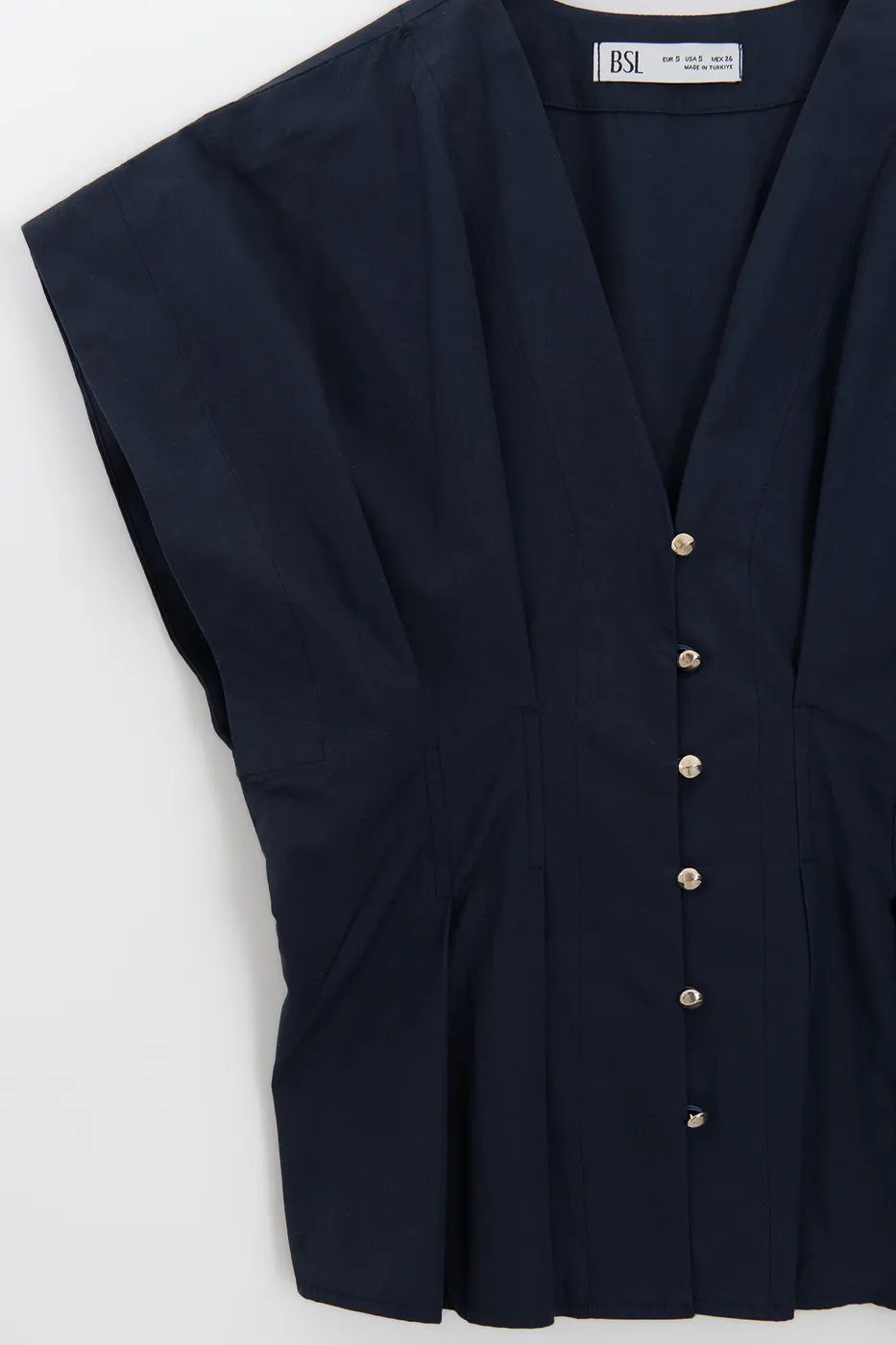 Bayan Lacivert V Yakalı Düğmeli %100 Cotton Bluz