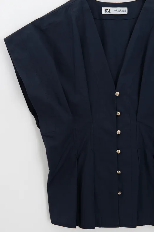 Bayan Lacivert V Yakalı Düğmeli %100 Cotton Bluz - BSL