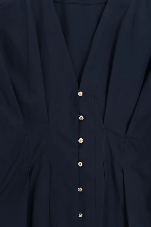 Bayan Lacivert V Yakalı Düğmeli %100 Cotton Bluz - BSL