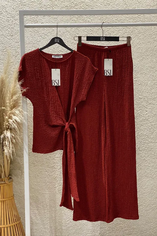 Bayan Bordo Dokulu Düşük Kollu Bağlamalı Bluz - BSL