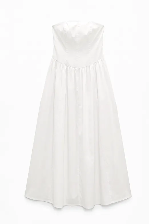 Bayan Beyaz %100 Cotton Straplez Midi Elbise - BSL