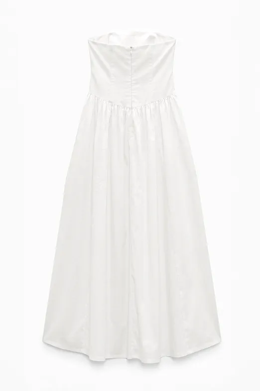 Bayan Beyaz %100 Cotton Straplez Midi Elbise - BSL