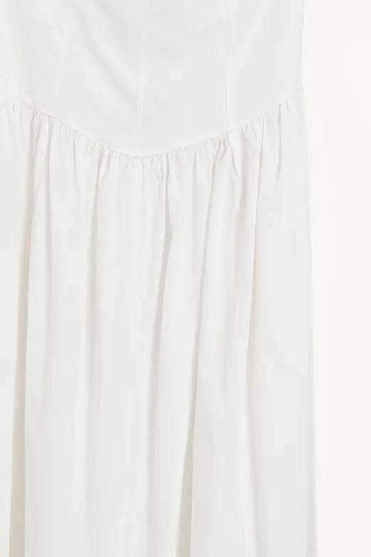Bayan Beyaz %100 Cotton Straplez Midi Elbise - BSL