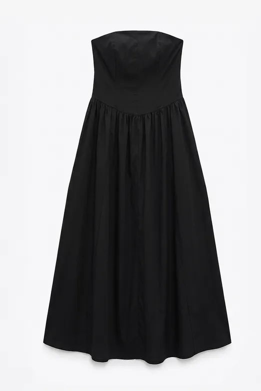 Bayan Siyah %100 Cotton Straplez Midi Elbise - BSL