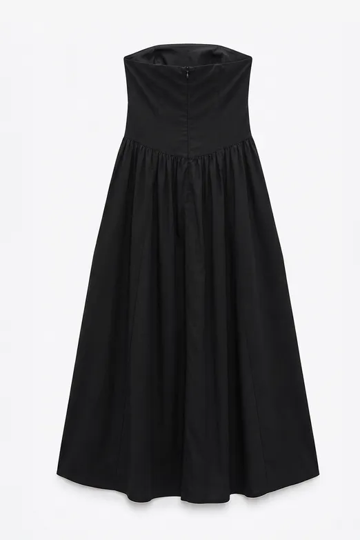 Bayan Siyah %100 Cotton Straplez Midi Elbise - BSL
