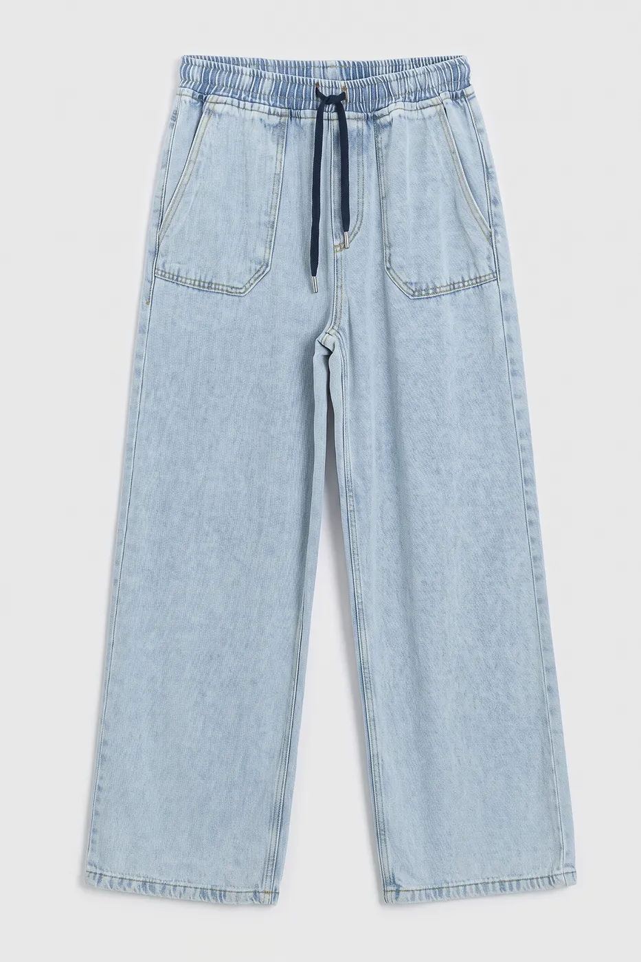 Bayan Lacivert Düz Kesim Denim  Bol Pantolon