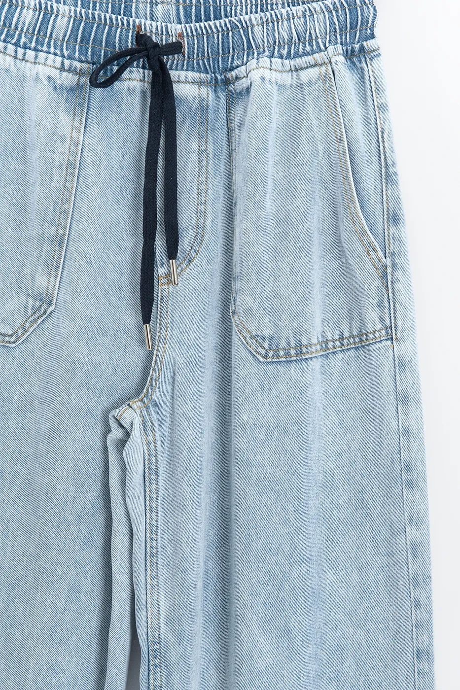 Bayan Lacivert Düz Kesim Denim  Bol Pantolon