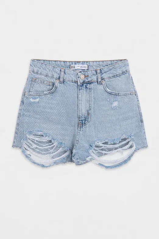 Bayan Mavi Yıpratmalı Mini Denim Şort - BSL