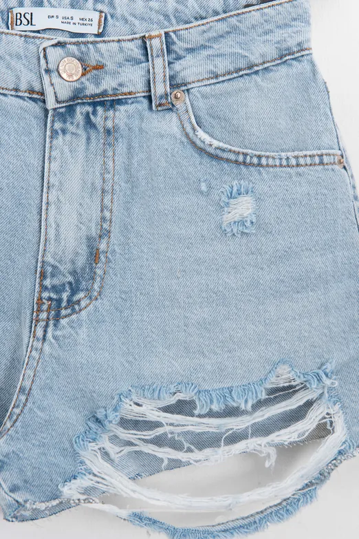 Bayan Mavi Yıpratmalı Mini Denim Şort - BSL