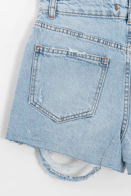 Bayan Mavi Yıpratmalı Mini Denim Şort - BSL