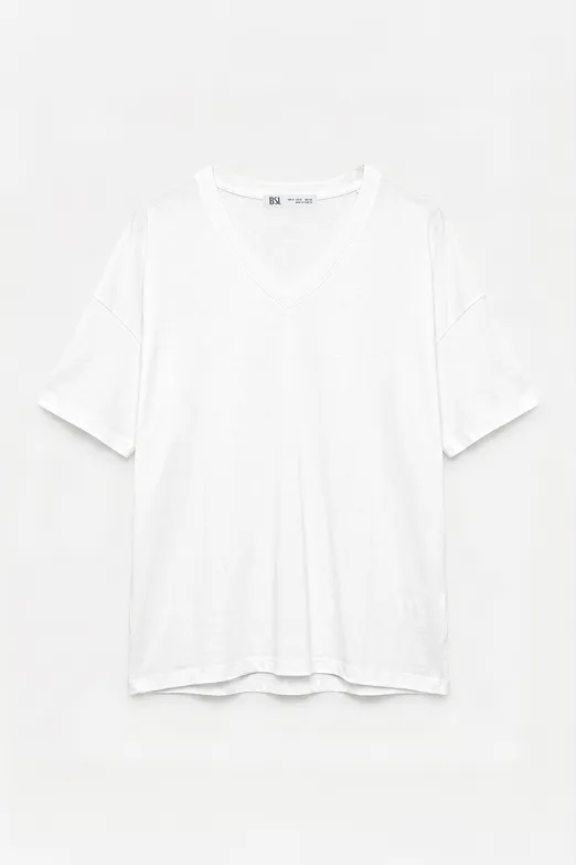Bayan Beyaz V Yaka Basic Tshirt - BSL